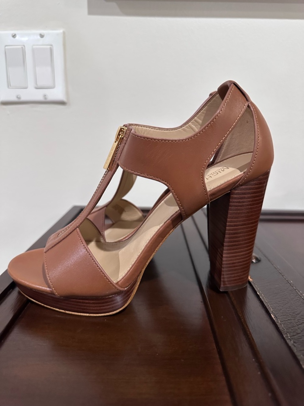 Michael Kors Brown Leather T-Strap Platform Heels with Gold Zipper - Picture 4 of 4